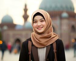 ai generativ schön asiatisch Muslim Mädchen tragen Hijab foto