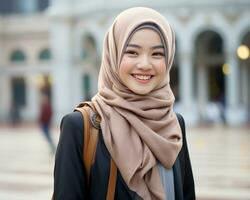 ai generativ schön asiatisch Muslim Mädchen tragen Hijab foto