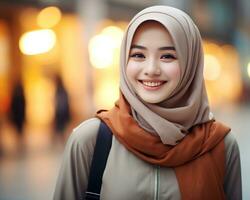 ai generativ schön asiatisch Muslim Mädchen tragen Hijab foto