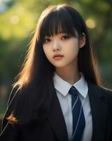 ai generativ schön asiatisch Mädchen tragen schwarz passen Hemd und Krawatte foto