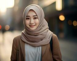 ai generativ schön asiatisch Muslim Mädchen tragen Hijab foto