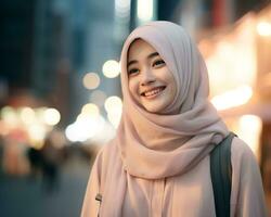 ai generativ schön asiatisch Muslim Mädchen tragen Hijab foto