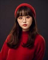 ai generativ schön asiatisch Mädchen tragen rot Sweatshirt Brille und Hut foto