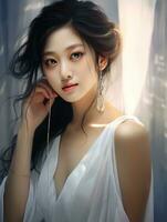 ai generativ schön asiatisch Mädchen tragen Glanz Weiß Kleid foto