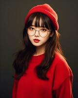 ai generativ schön asiatisch Mädchen tragen rot Sweatshirt Brille und Hut foto