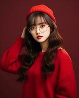 ai generativ schön asiatisch Mädchen tragen rot Sweatshirt Brille und Hut foto