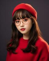 ai generativ schön asiatisch Mädchen tragen rot Sweatshirt Brille und Hut foto