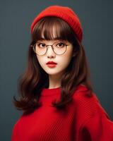 ai generativ schön asiatisch Mädchen tragen rot Sweatshirt Brille und Hut foto