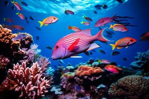 ai generativ von ein Schule von bunt Fisch Schwimmen um ein Koralle Riff foto