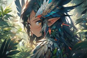 ai generativ Wald Elf mit Flügel und schön Augen im Anime Stil foto