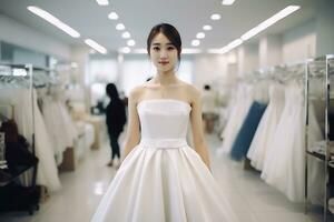 ai generativ schön asiatisch Versuchen auf Hochzeit Braut Kleid im passend zu Zimmer foto