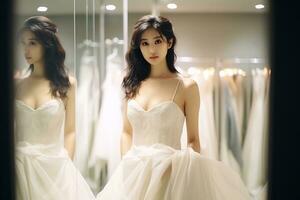ai generativ schön asiatisch Versuchen auf Hochzeit Braut Kleid im passend zu Zimmer foto