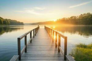 hölzern Brücke mit schön natürlich Landschaft Hintergrund. ai generativ Profi Foto