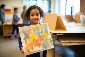 Kind Künstler zeigen aus ihr Meisterstück zu das Kamera foto
