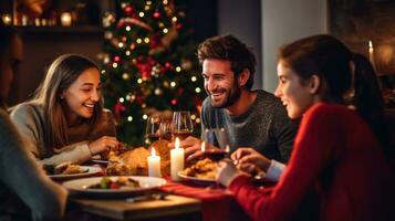 Foto von glücklich Familie beim Weihnachten Abendessen im das Stil von minimalistisch Hintergründe