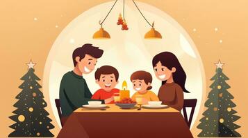 Foto von glücklich Familie beim Weihnachten Abendessen im das Stil von minimalistisch Hintergründe