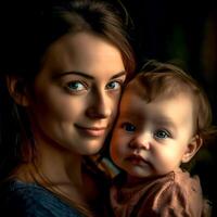 ai generativ schön Mutter und ihr Kind mit schön Blau Augen foto