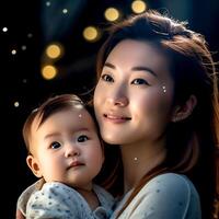 ai generativ ziemlich asiatisch Mutter und ihr süß wenig Baby foto