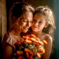 ai generativ schön Mutter und schön Tochter in der Nähe von ein Bündel von Blumen foto
