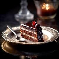 ai generativ köstlich Schokolade geschichtet Schwamm Kuchen mit Löffel auf ein Teller auf das Tabelle auf ein dunkel Hintergrund foto