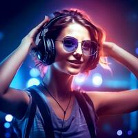 ai generativ ein jung ziemlich Mädchen tragen modern Kopfhörer Hören zu Musik- Über abstrakt Hintergrund foto