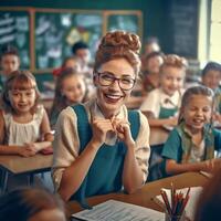 ai generativ attraktiv jung Lehrer trägt Brille und lächelt glücklich im Vorderseite von das Klassenzimmer foto