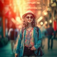 ai generativ ein ziemlich Mädchen im Hut und Sonnenbrille posieren zum das Kamera im Stadt Umgebung foto