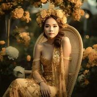 ai generativ ein schön asiatisch Mädchen tragen ein elegant Blume Krone Sitzung auf ein Stuhl dekoriert mit Blumen foto