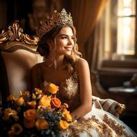 ai generativ ein Herrlich Braut im elegant Hochzeit Kleid mit ein Krone und Strauß ein posieren zu das Kamera foto