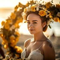 ai generativ ein ziemlich Braut posieren zu das Kamera im Vorderseite von ein Gelb Blume Bogen auf das Strand im das Abend foto
