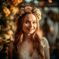 ai generativ Herrlich ziemlich Braut posieren zu das Kamera im Vorderseite von ein elegant Blume Hintergrund foto