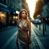 ai generativ ziemlich Mädchen posieren zum das Kamera im das Abend Stadt tragen ein golden Kleid foto