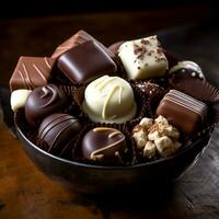 ai generativ schön verschiedene fein Schokolade Süßigkeiten Schüssel auf das Tabelle foto