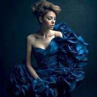 ai generativ ein kurzhaarige Mädchen posiert zum das Kamera im ein elegant Blau gekräuselt Kleid gegen ein dunkel Hintergrund foto