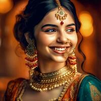 ai generativ gesellig Mädchen mit schön Augen tragen ein indisch Saree und Schmuck im ein verschwommen Hintergrund foto