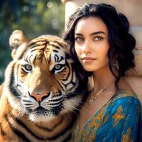 ai generativ ein bezaubernd Frauen Sitzung mit ein heftig Tiger foto