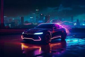 Auto Zukunft Neon- Stadt. generieren ai foto