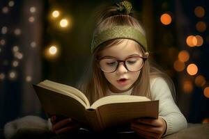 Kind Mädchen Buch lesen beim Nacht. generieren ai foto