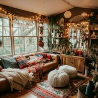 Boho Winter Zimmer Zelt. generieren ai foto