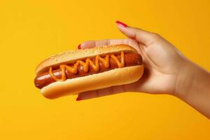 Hand nehmen Hotdog. generieren ai foto