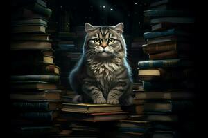 Katze auf Buch Stapel. generieren ai foto