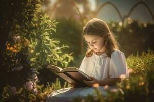 Mädchen lesen heilig Bibel. generieren ai foto