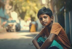 indisch Kind Straße. generieren ai foto