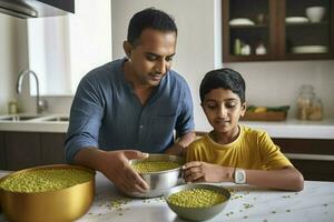 indisch Sohn Vater Kochen Lebensmittel. generieren ai foto