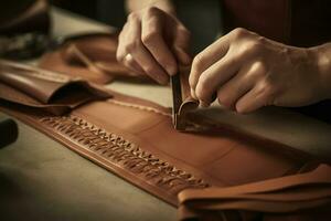 Herstellung Leder Waren Handwerk. generieren ai foto