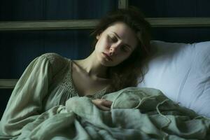 jung krank Frau im Bett beim heim. generieren ai foto