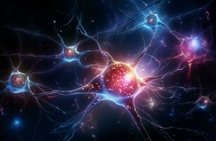 Illustration von Neuron Zelle und Neuronen im Raum. Wissenschaft Hintergrund ai generiert foto