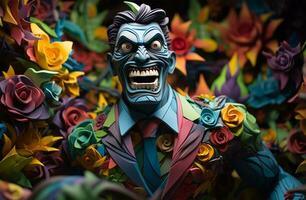 Halloween Hintergrund mit ein unheimlich Monster- und bunt Papier Blumen. Halloween Konzept ai generiert foto