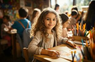 Porträt von ein süß wenig Mädchen Zeichnung auf Papier im ein Klassenzimmer ai generiert foto