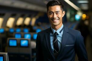 Porträt von jung asiatisch Geschäft Mann im Flugzeug Kabine. Reise und Tourismus Konzept ai generiert foto